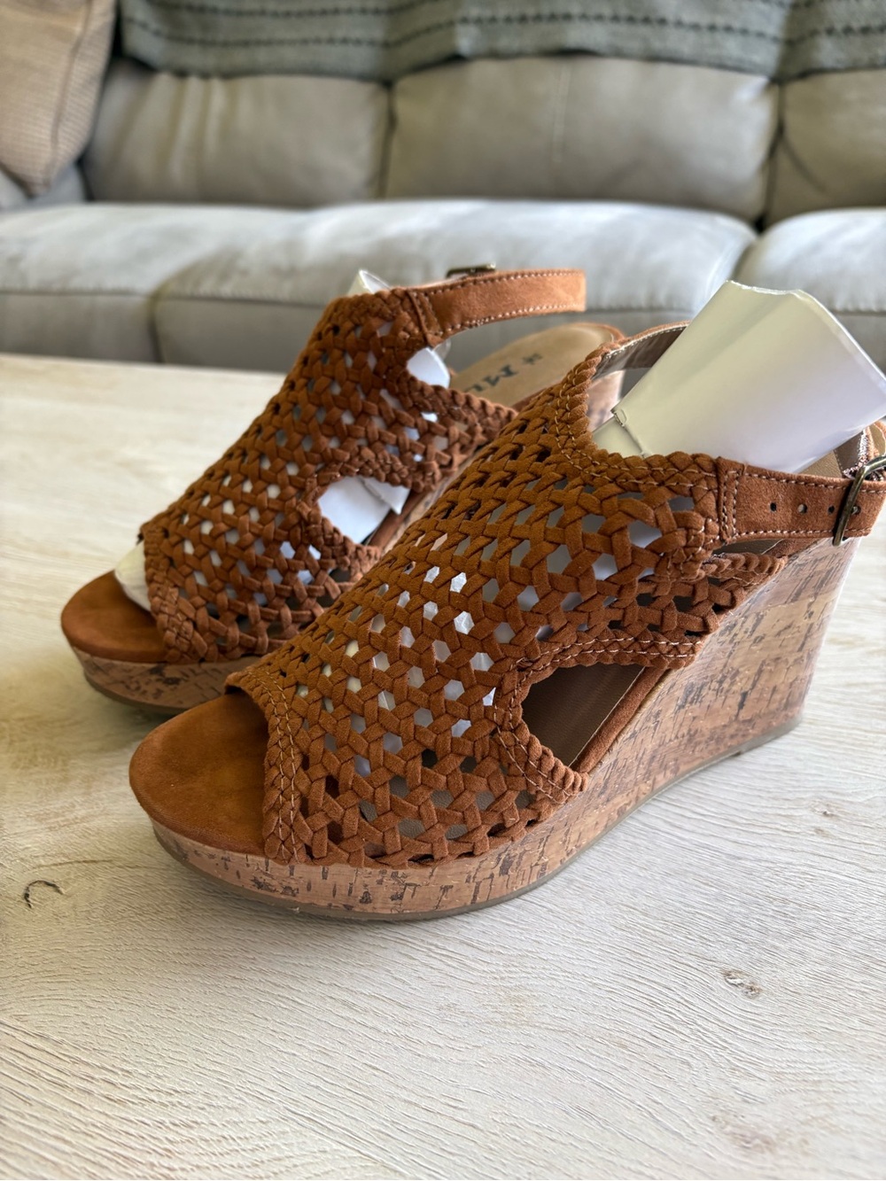 Mudd Cognac Woven Boho Cork Wedge Sandals Size 8M Ankle Strap Platform